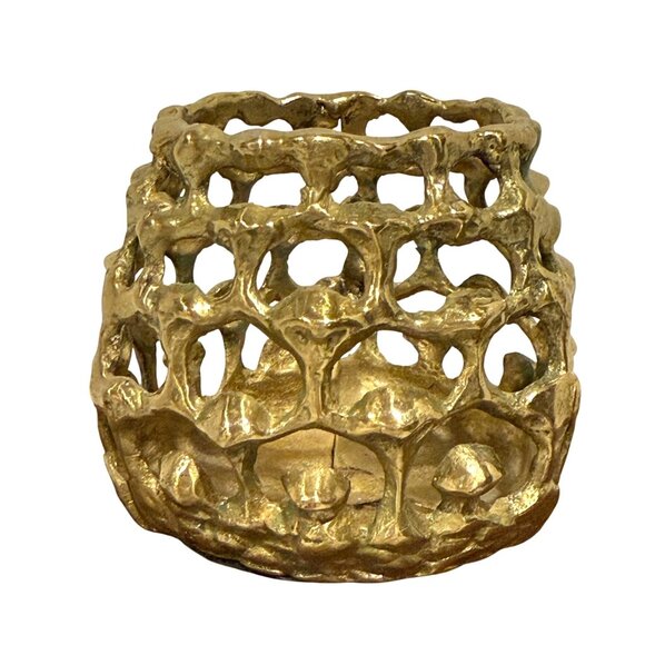 Brutalist Brass Votive Candle Holder MCM Openwork Honeycomb Design Korea - Picture 4 of 8